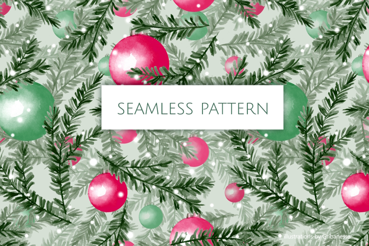Watercolor Christmas Pine Pattern with Ornaments