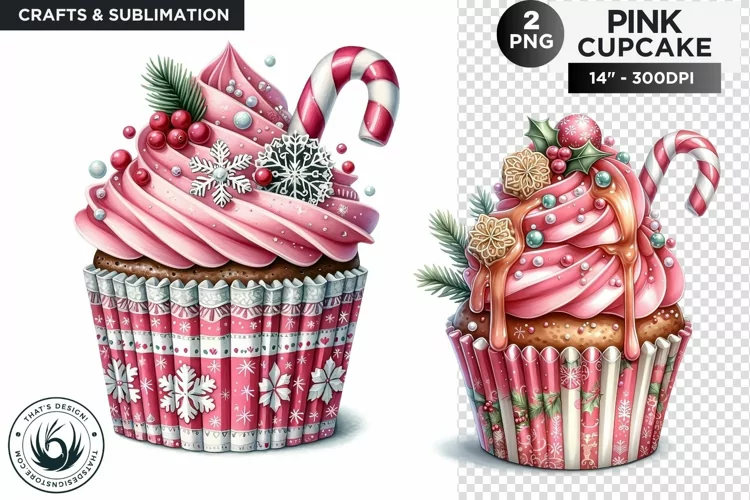 2 Pink Christmas Cupcakes PNG Clipart sublimation design