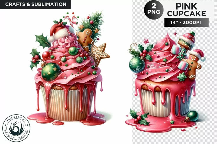 2 Pink Christmas Cupcakes Clipart PNG