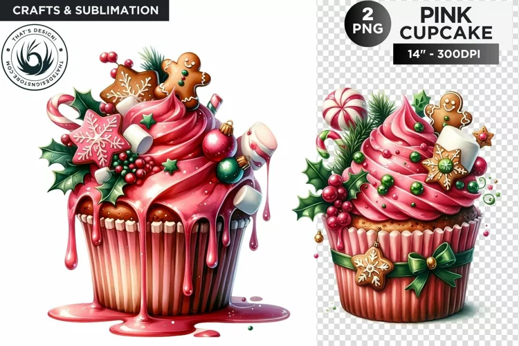 2 Pink Christmas Cupcakes Clipart PNG