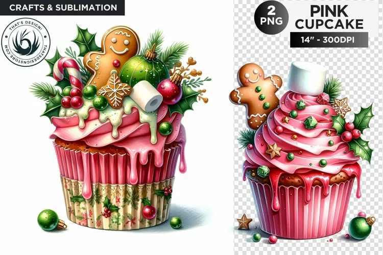 2 Pink Christmas Cupcakes PNG Clipart sublimation design