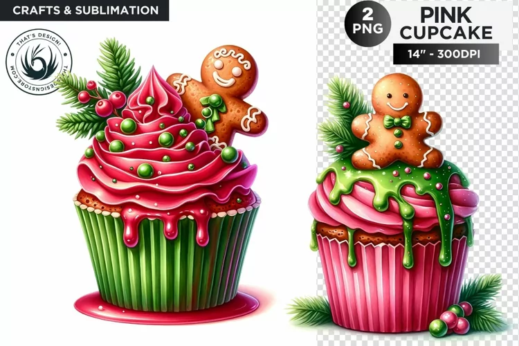 2 Pink Christmas Cupcakes PNG Clipart sublimation design