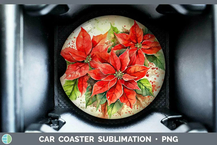 Watercolor Christmas Poinsettia Car Coaster Sublimation Coas