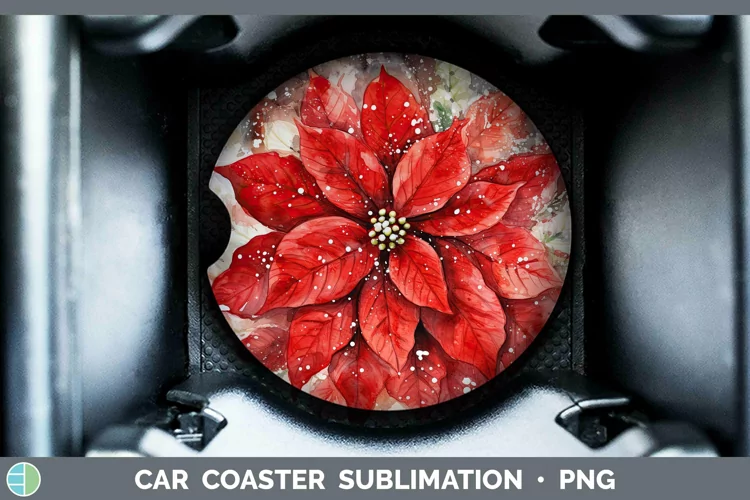 Watercolor Christmas Poinsettia Car Coaster Sublimation Coas