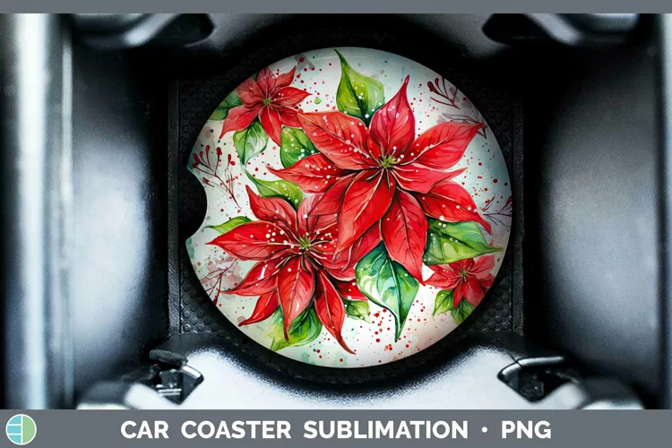 Watercolor Christmas Poinsettia Car Coaster Sublimation Coas
