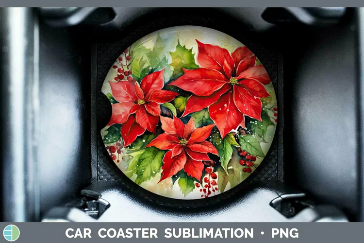 Watercolor Christmas Poinsettia Car Coaster Sublimation Coas