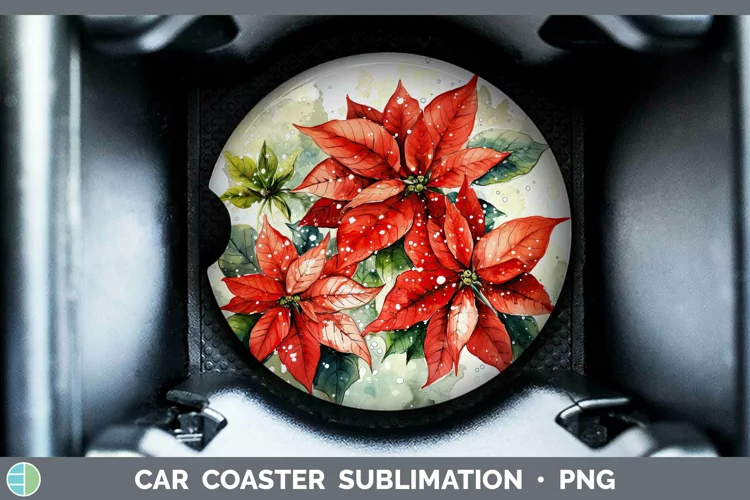 Watercolor Christmas Poinsettia Car Coaster Sublimation Coas