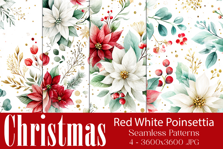Christmas Patterns, Red White Poinsettia Christmas Pattern 8