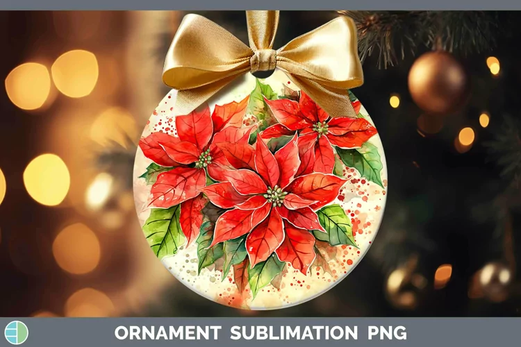Watercolor Christmas Poinsettia Ornament Sublimation Bauble