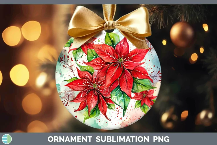 Watercolor Christmas Poinsettia Ornament Sublimation Bauble