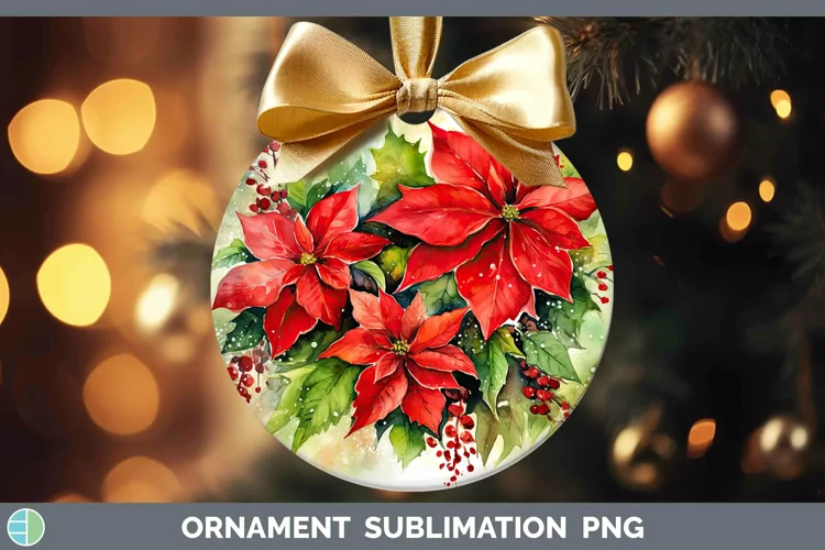 Watercolor Christmas Poinsettia Ornament Sublimation Bauble