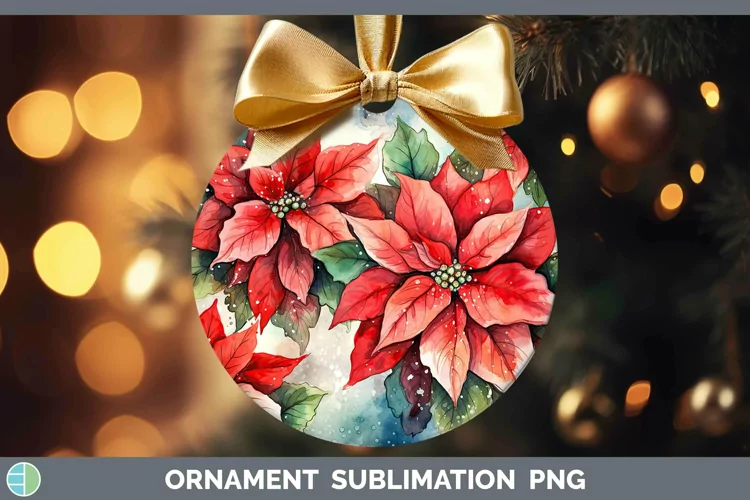 Watercolor Christmas Poinsettia Ornament Sublimation Bauble
