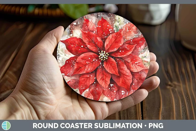 Watercolor Christmas Poinsettia Round Coaster Sublimation Co