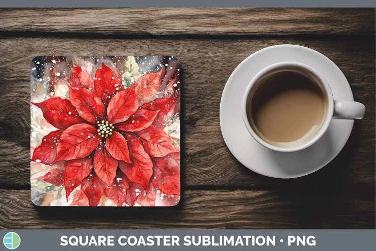 Watercolor Christmas Poinsettia Square Coaster Sublimation C