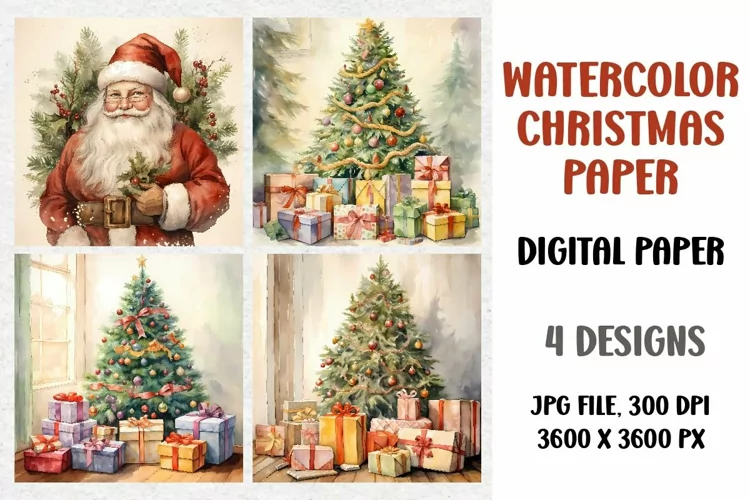 Watercolor Christmas Digital Paper, Junk Journal