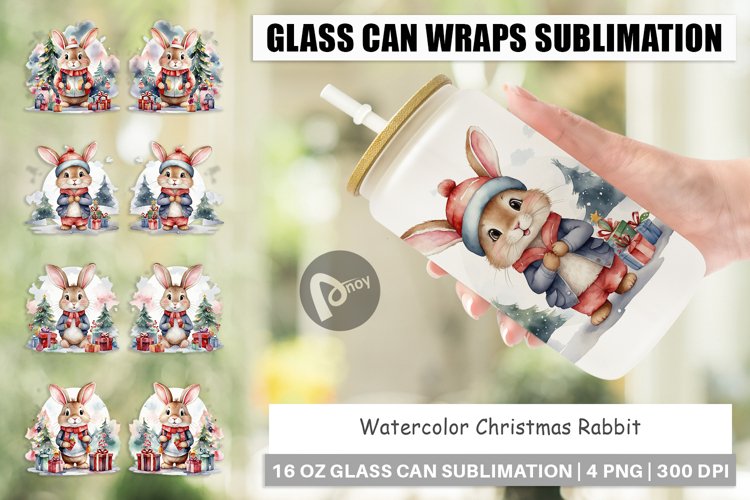 Glass Can Wraps Watercolor Christmas Rabbit