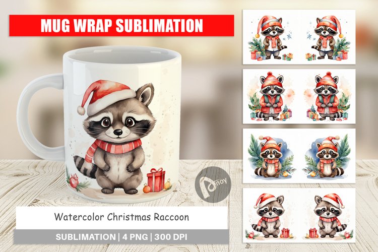 Mug Wrap Design Watercolor Christmas Raccoon