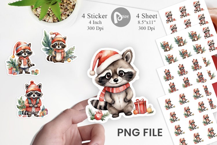 Sticker Watercolor Christmas Raccoon