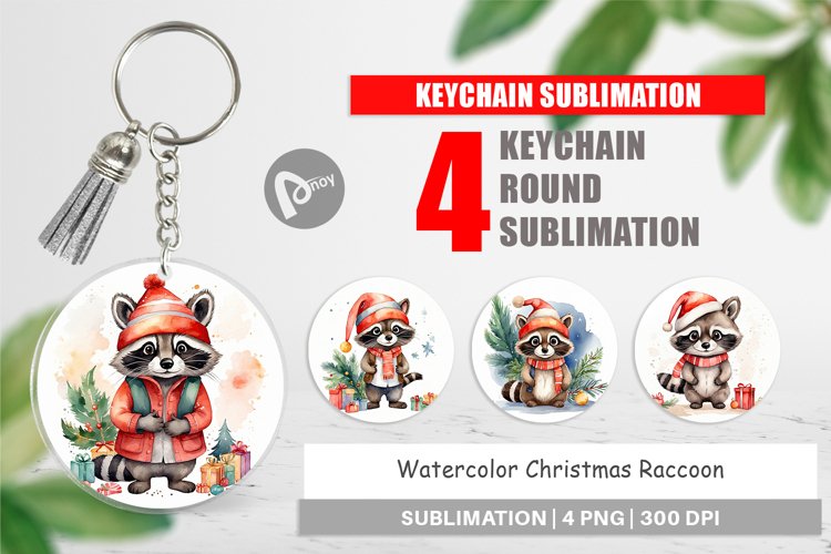 Keychain Watercolor Christmas Raccoon