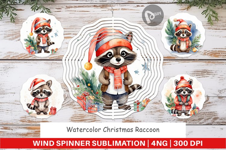 Wind Spinner Watercolor Christmas Raccoon