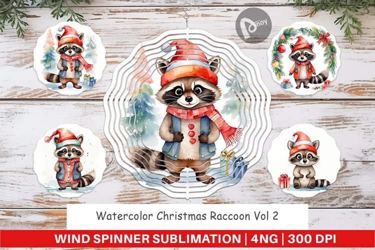 Wind Spinner Watercolor Christmas Raccoon
