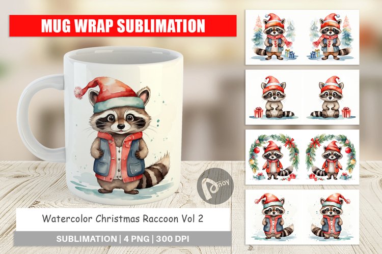 Mug Wrap Design Watercolor Christmas Raccoon