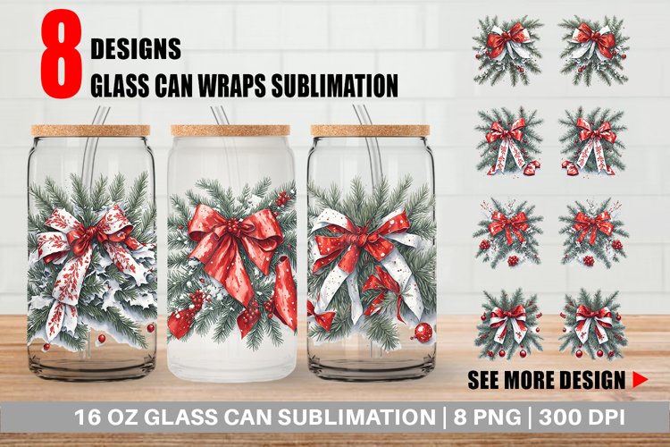 Christmas Red Bow Glass Can Wraps