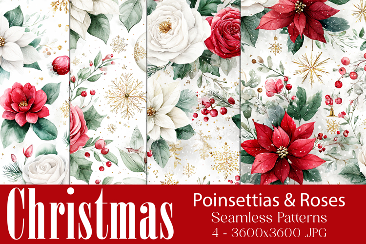 Christmas Pattern, Poinsettias Roses Christmas Pattern, s1