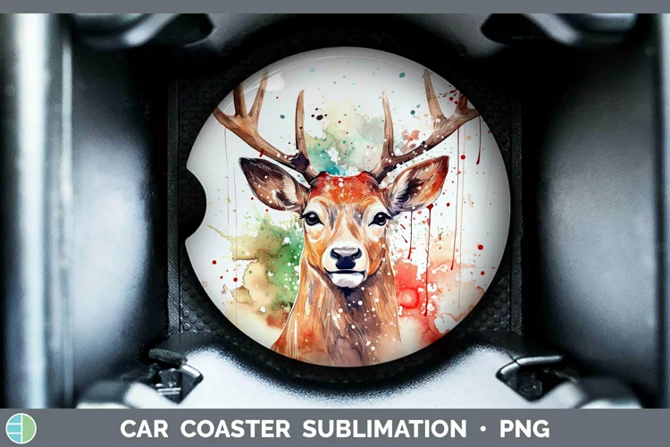 Watercolor Christmas Reindeer Car Coaster Sublimation Coaste