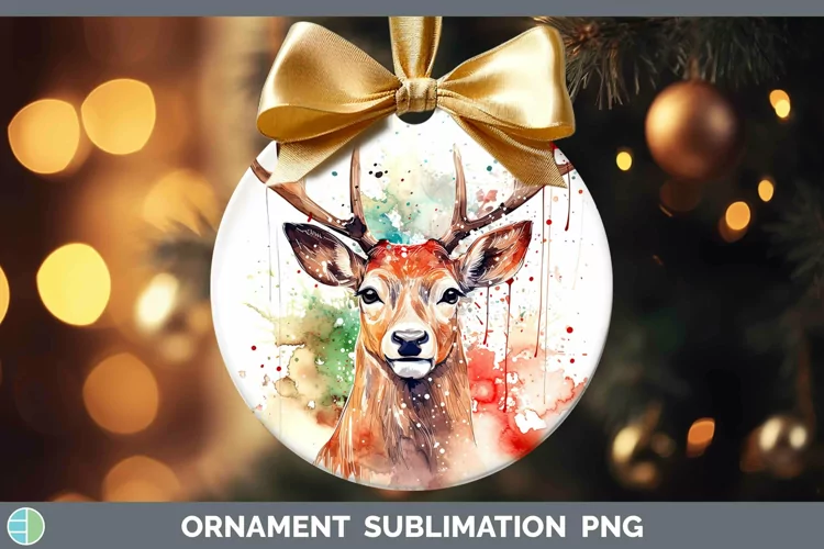 Watercolor Christmas Reindeer Ornament Sublimation Bauble De