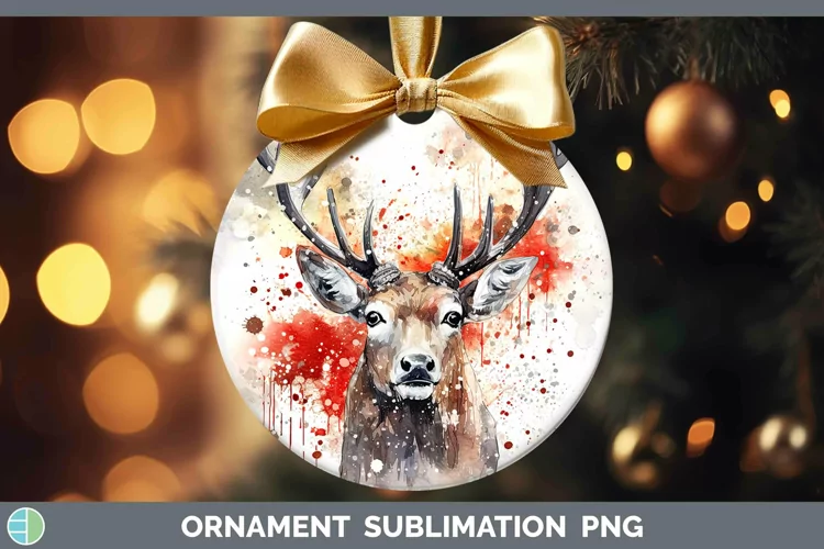 Watercolor Christmas Reindeer Ornament Sublimation Bauble De