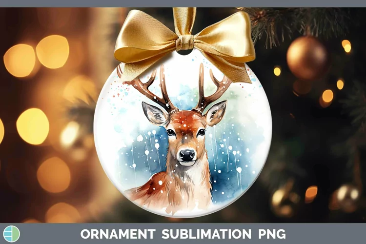 Watercolor Christmas Reindeer Ornament Sublimation Bauble De