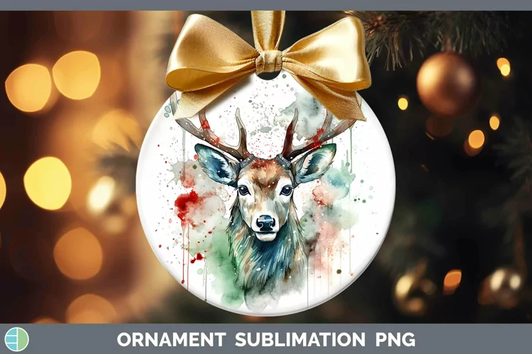 Watercolor Christmas Reindeer Ornament Sublimation Bauble De