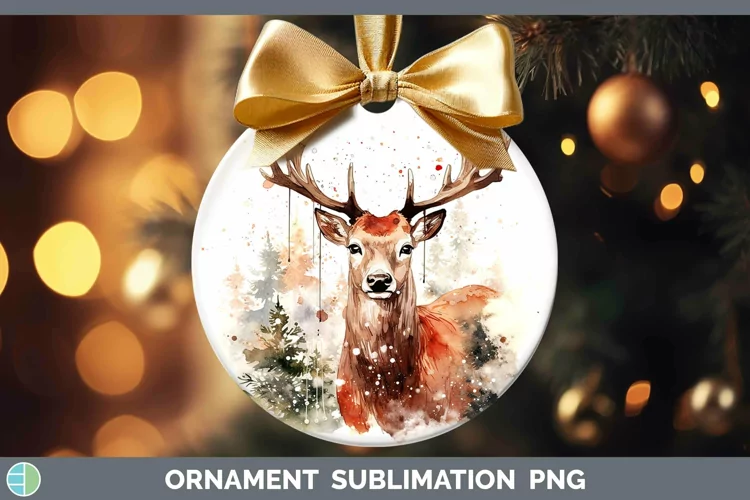 Watercolor Christmas Reindeer Ornament Sublimation Bauble De