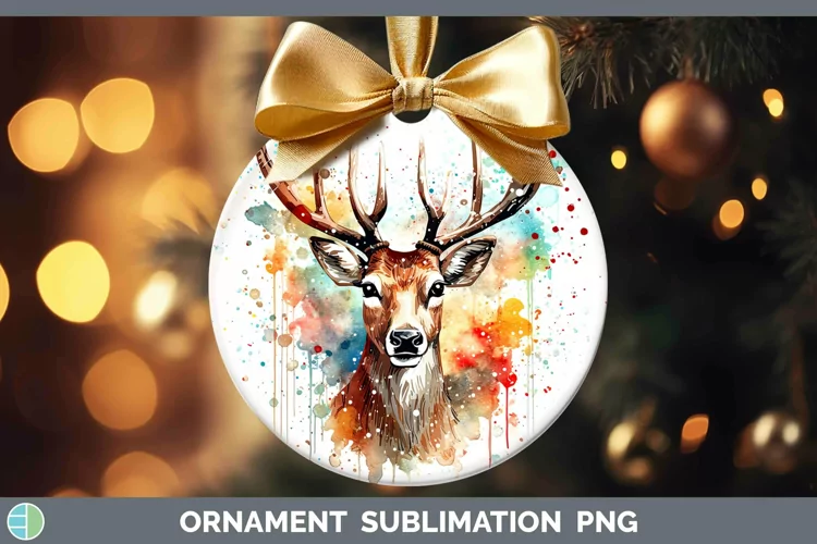 Watercolor Christmas Reindeer Ornament Sublimation Bauble De