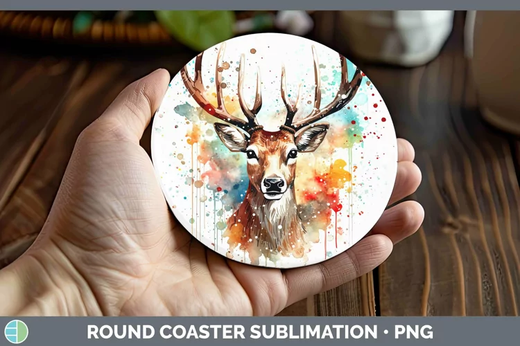Watercolor Christmas Reindeer Round Coaster Sublimation Coas