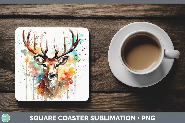 Watercolor Christmas Reindeer Square Coaster Sublimation Coa