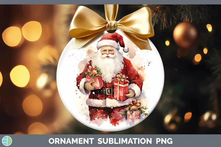 Watercolor Christmas Santa Gifts Ornament Sublimation Bauble