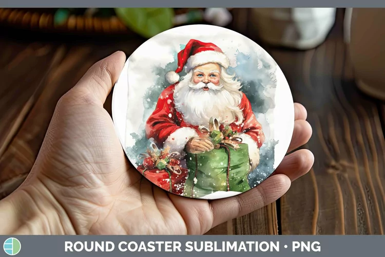 Watercolor Christmas Santa Gifts Round Coaster Sublimation C