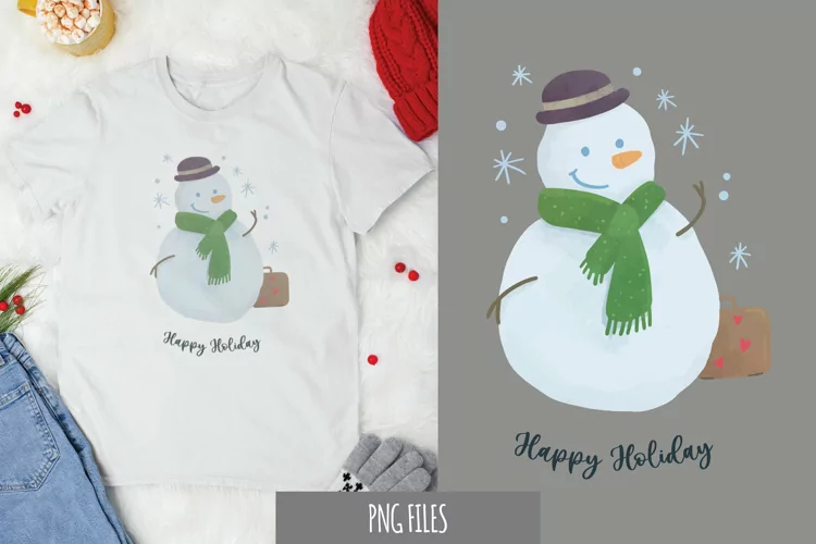 Watercolor Christmas Snowman with Happy Holiday Text