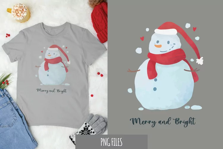 Watercolor Christmas Snowman, Merry and Bright Text