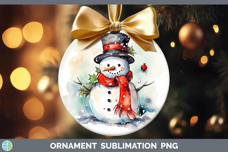 Watercolor Christmas Snowman Ornament Sublimation Bauble Des