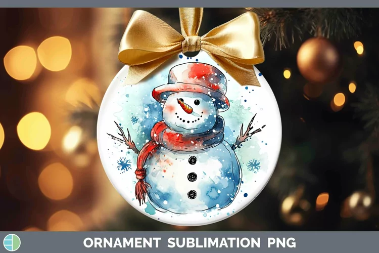 Watercolor Christmas Snowman Ornament Sublimation Bauble Des