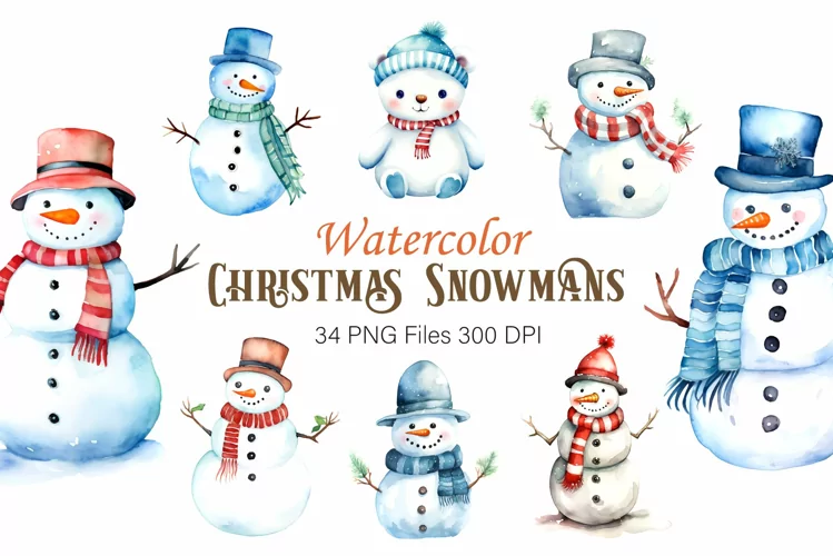 Watercolor Christmas Snowmans. PNG.
