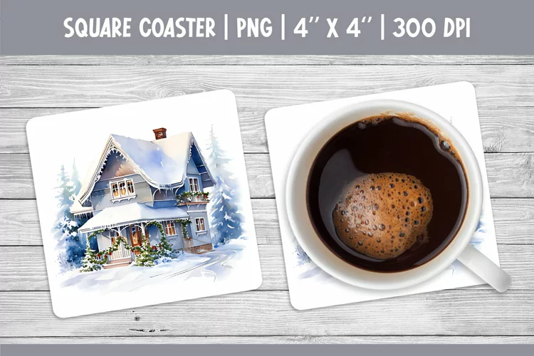 Watercolor Square Coaster Sublimation Design | Winter House