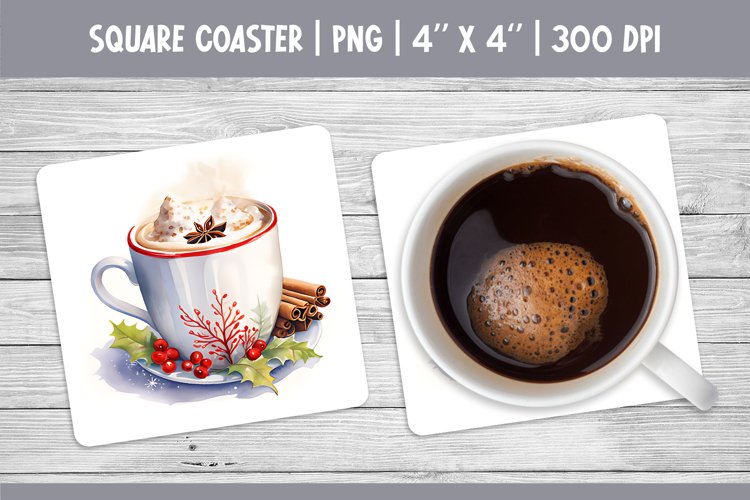 Watercolor Square Coaster Sublimation Design PNG | Hot Cocoa