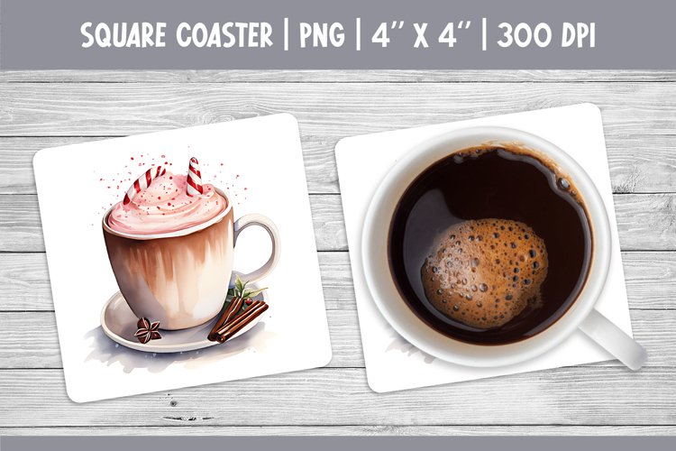 Watercolor Square Coaster Sublimation Design PNG | Hot Cocoa