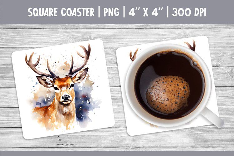 Watercolor Square Coaster Sublimation Design PNG | reindeer example image 1