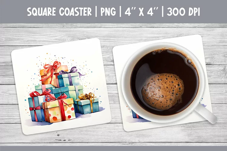 Watercolor Christmas Square Coaster Sublimation Design Gifts