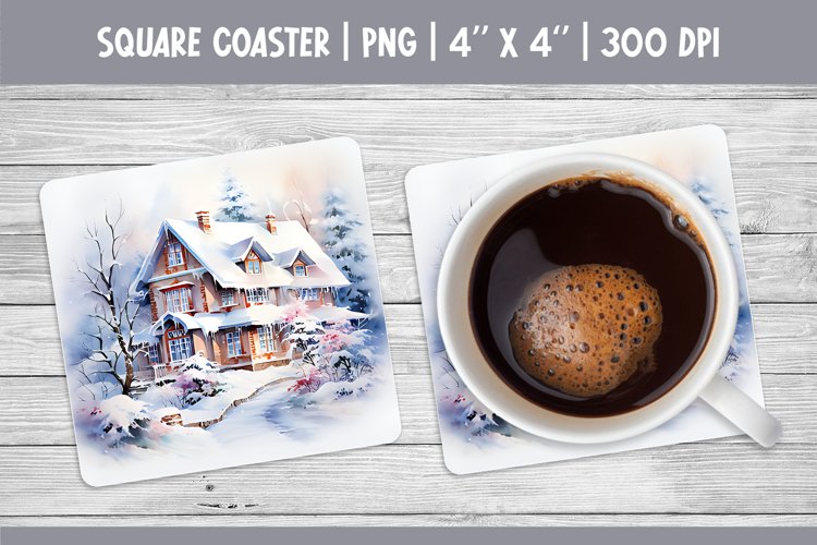 Watercolor Square Coaster Sublimation Design | Winter House